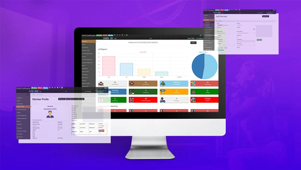 Yuva Gym Software dashboard showing reports, memberships, and member management screens